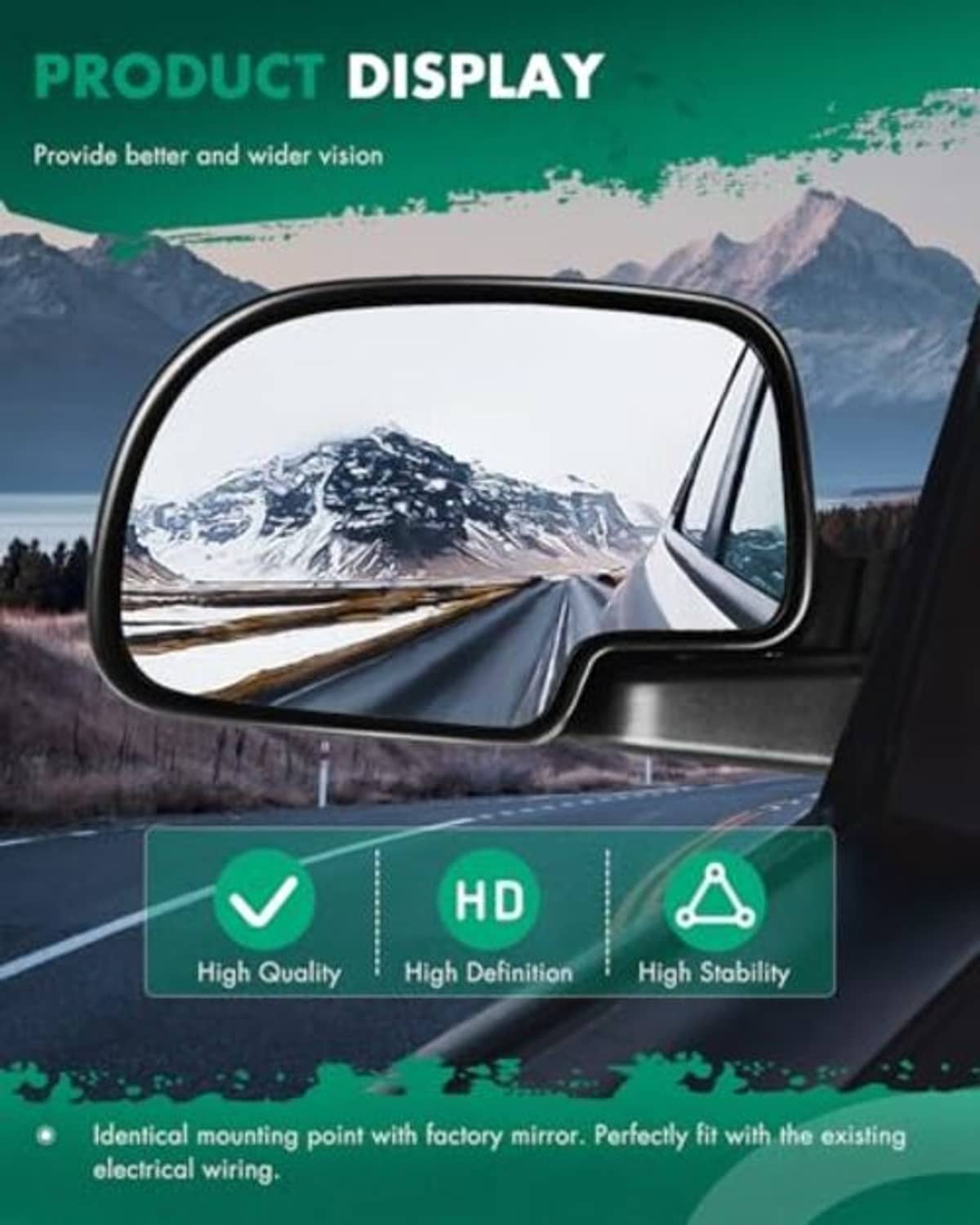 Driver-side mirror display: high definition, high stability, wide rear visibility.