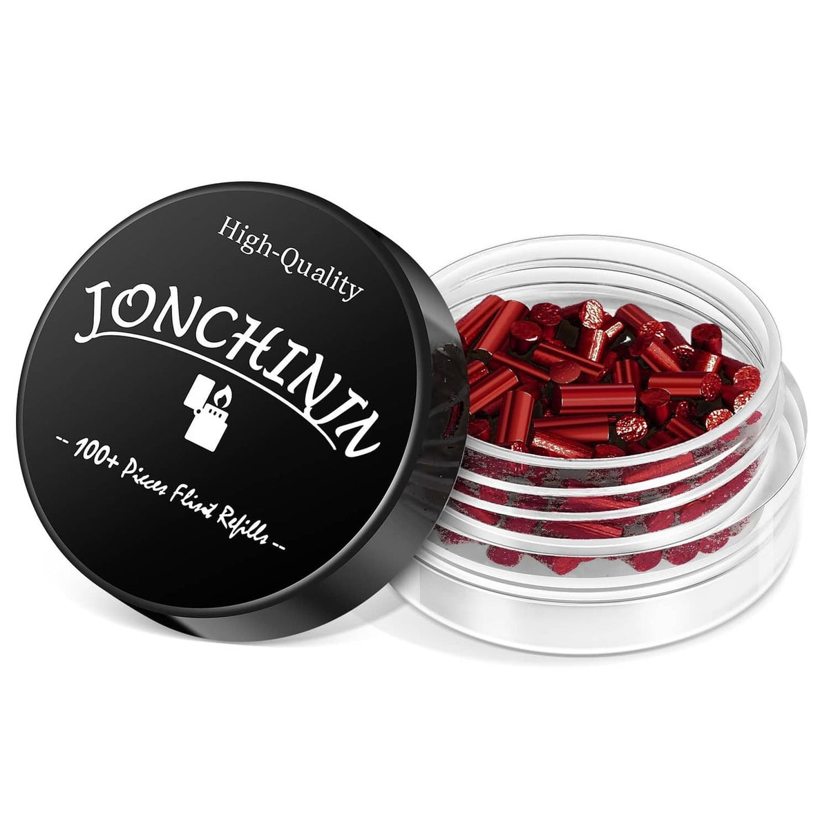 Open red flint refill tin with scattered replacement flints