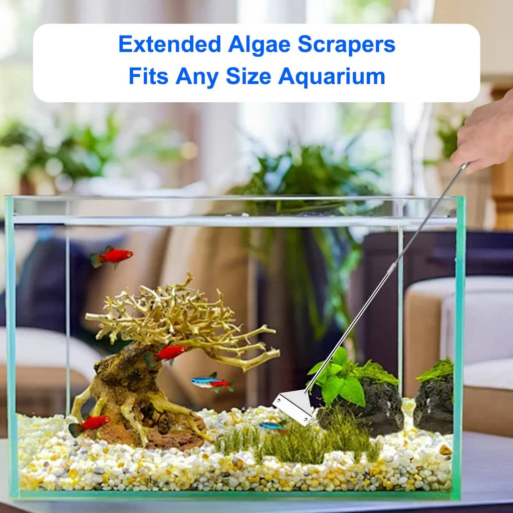 Hand-held stainless steel algae scraper for aquarium glass with long handle