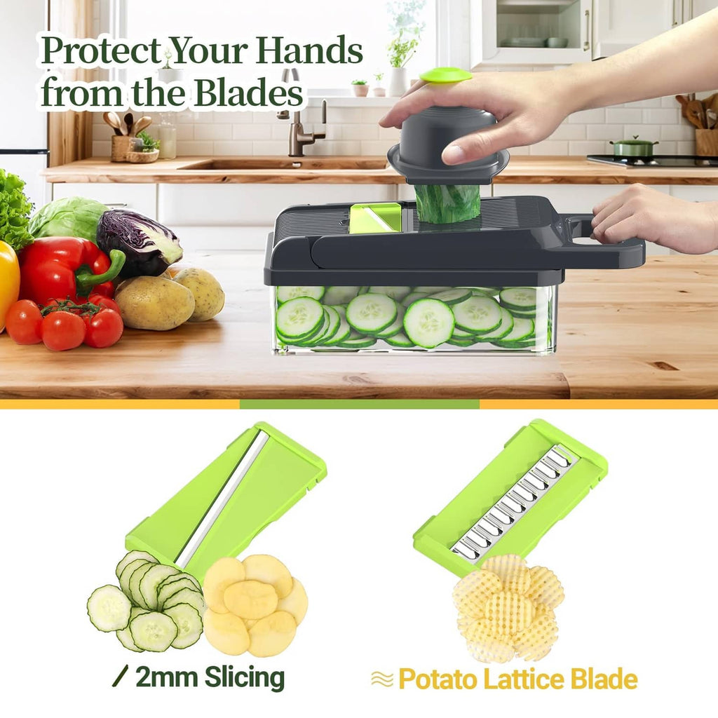 Vegetable chopper in use with hand protector and protective cover over a clear container