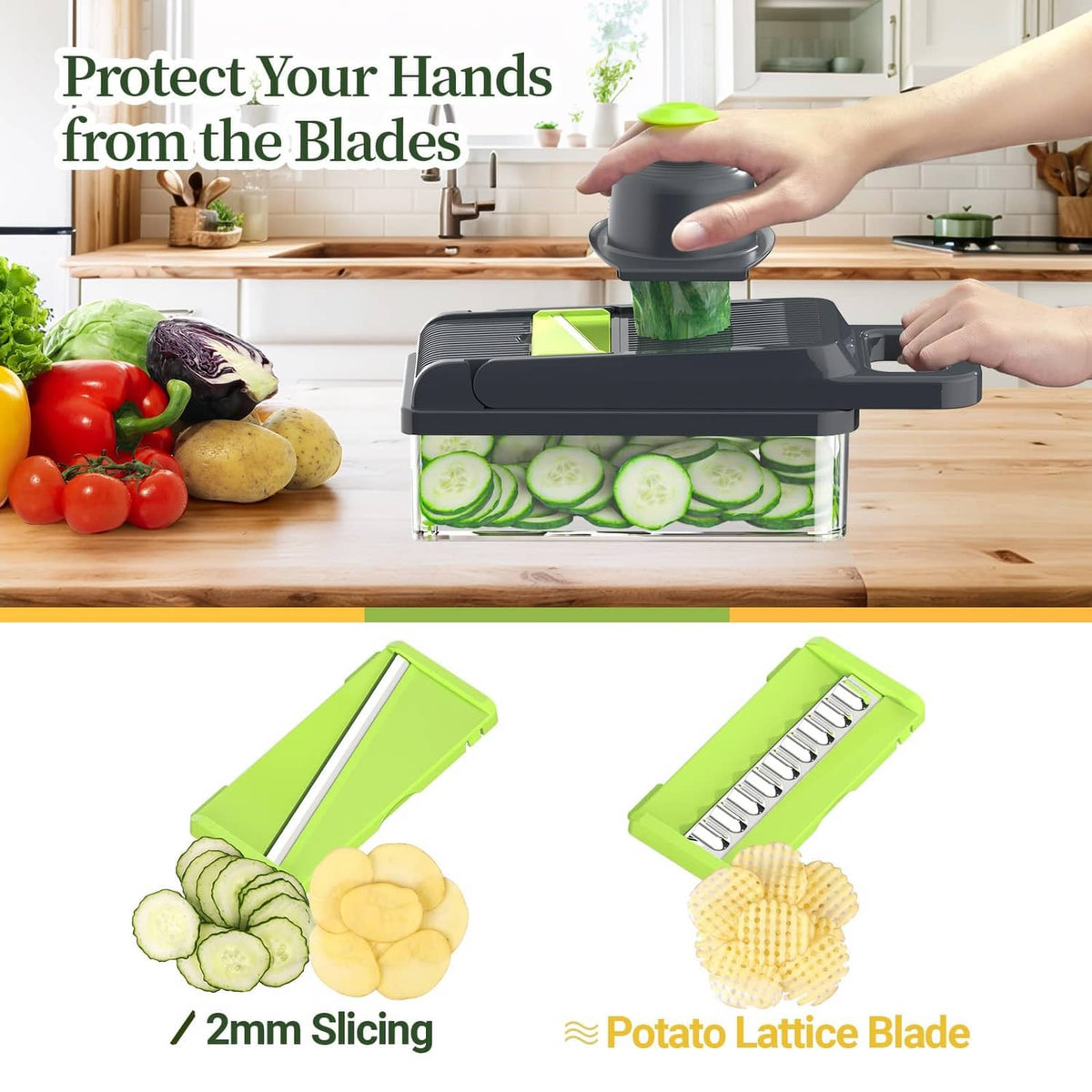 Vegetable chopper in use with hand protector and protective cover over a clear container