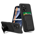 Black phone case with built-in kickstand and camera cutouts, shown at angles