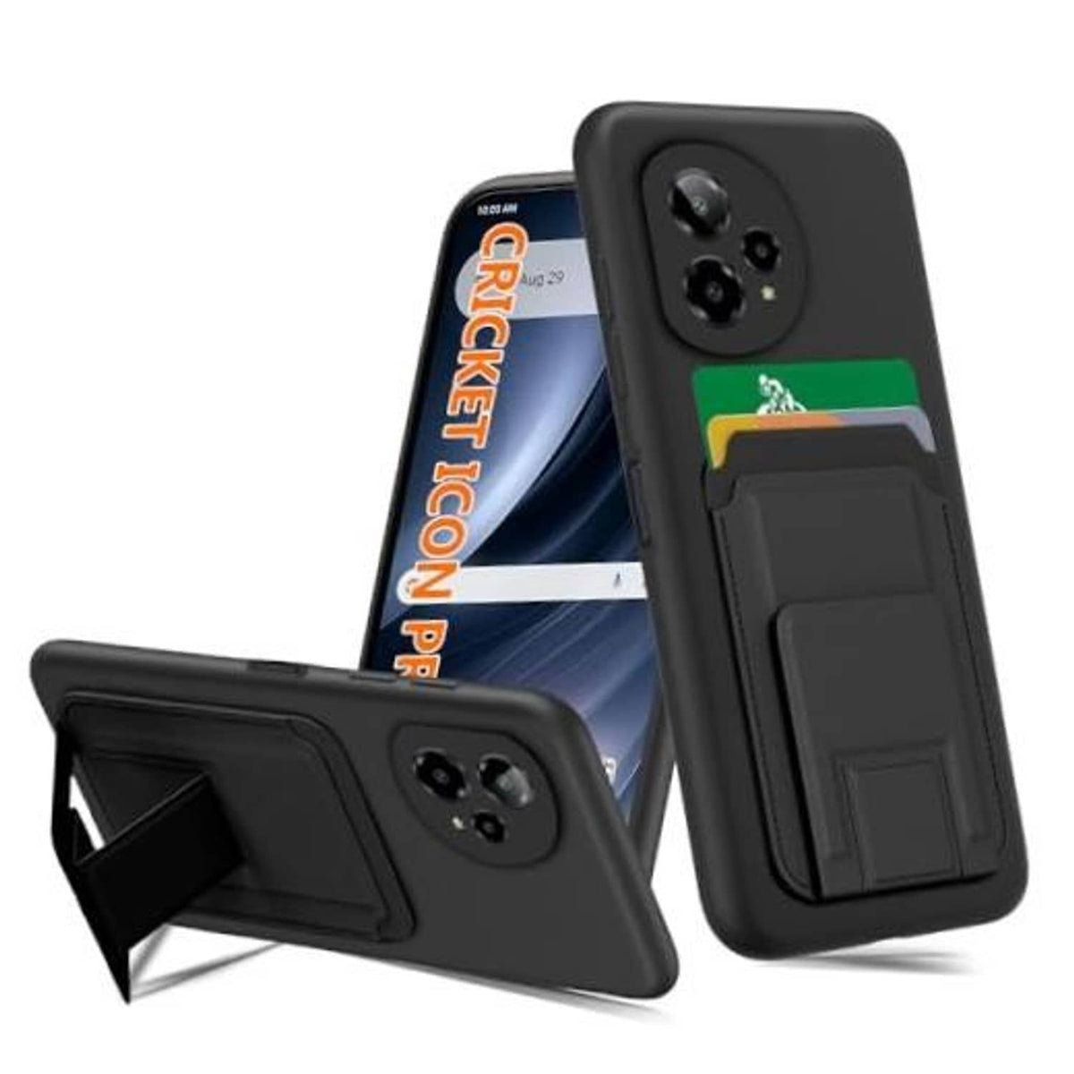 Black phone case with built-in kickstand and camera cutouts, shown at angles