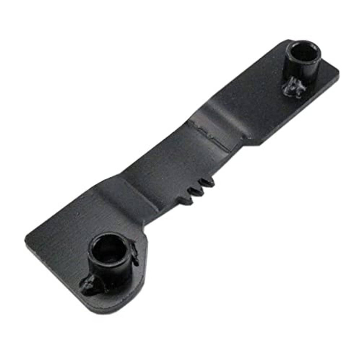 Black metal locking bracket with toothed grip and mounting hole