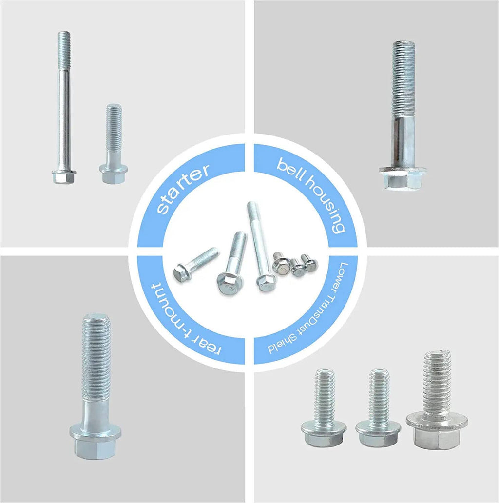 Transmission bolt kit with starter and bell housing bolts plus hex nuts