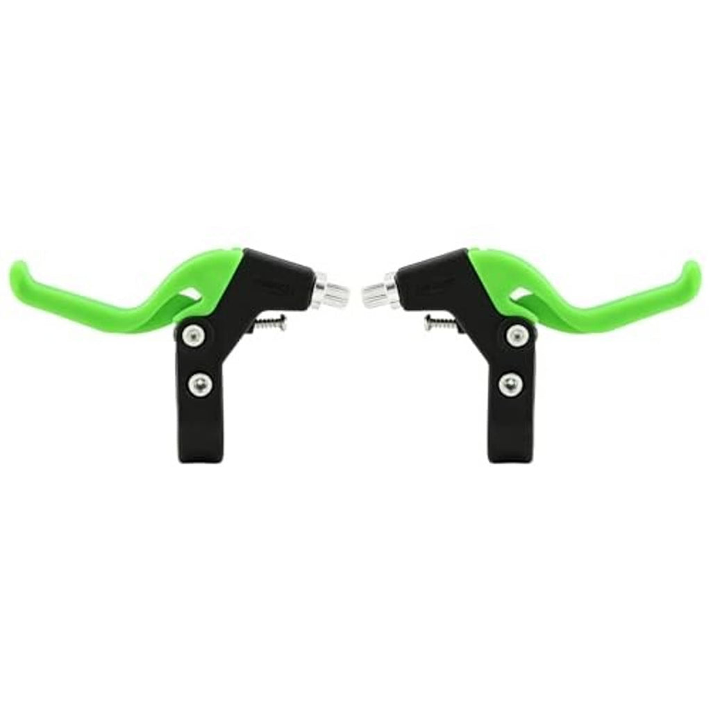 Brake lever pair with clamp mounts, neon green grips and black lever arms