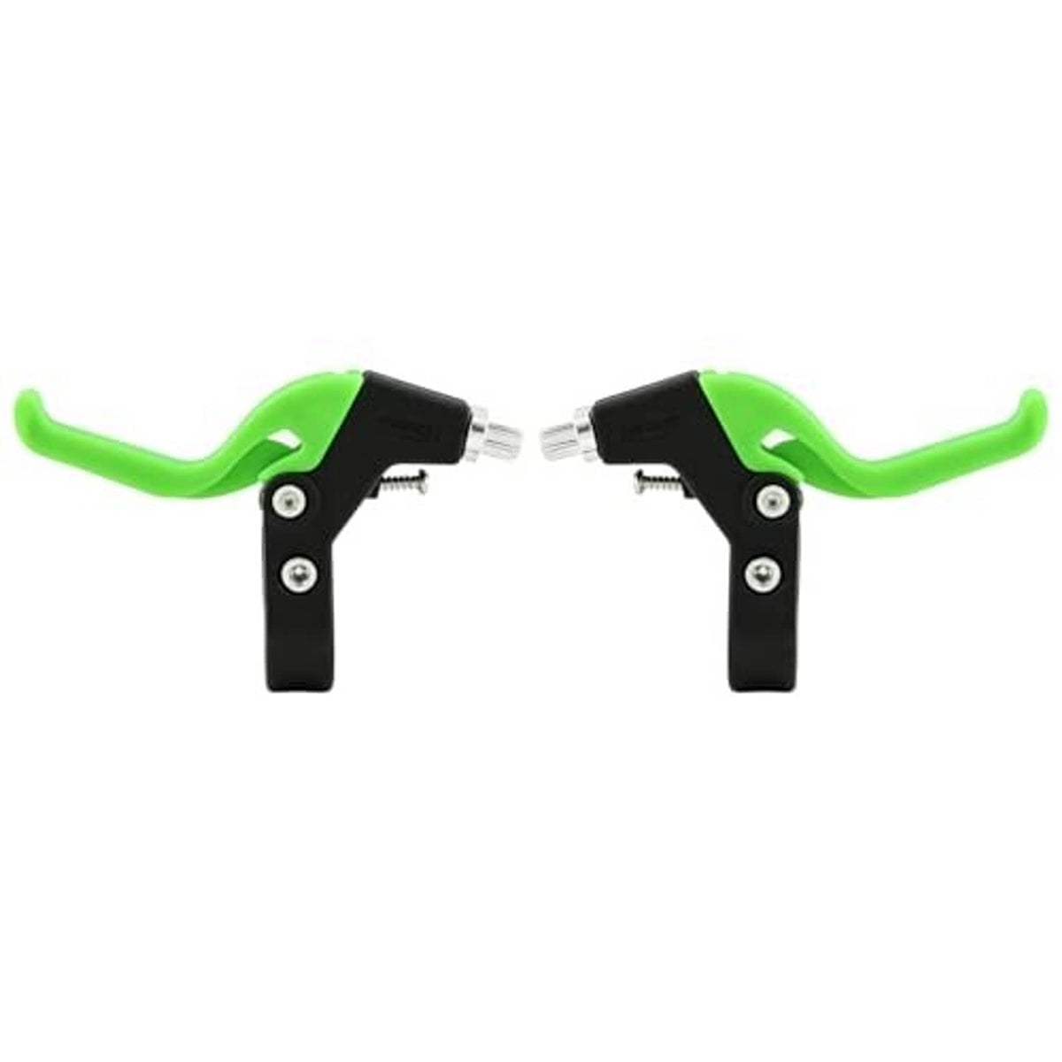 Brake lever pair with clamp mounts, neon green grips and black lever arms