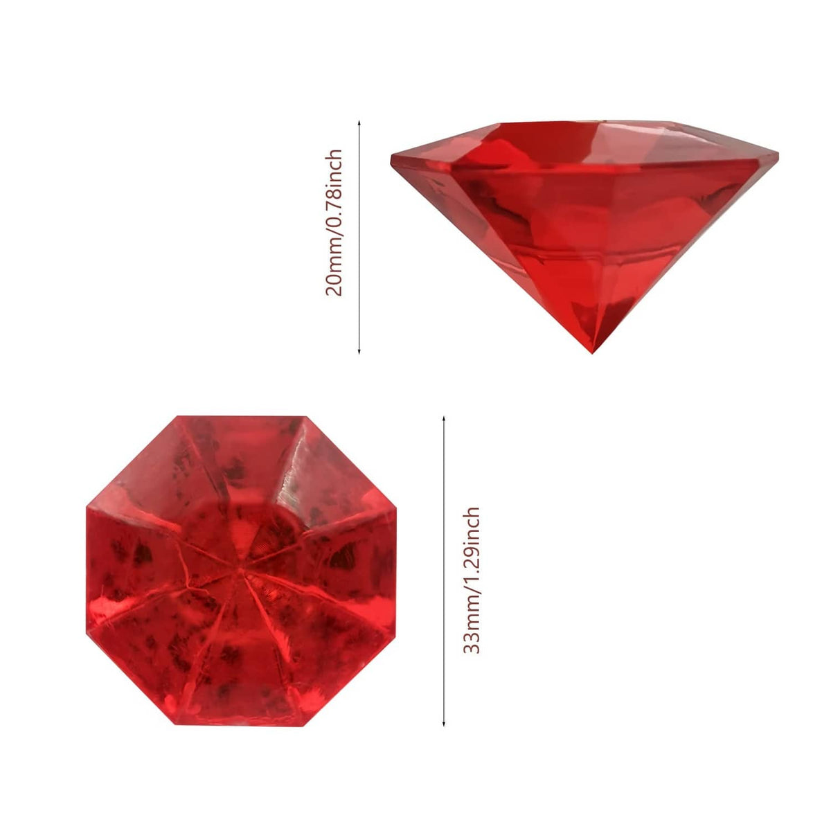 Red faceted acrylic gem octagon with size labels 20mm and 33mm