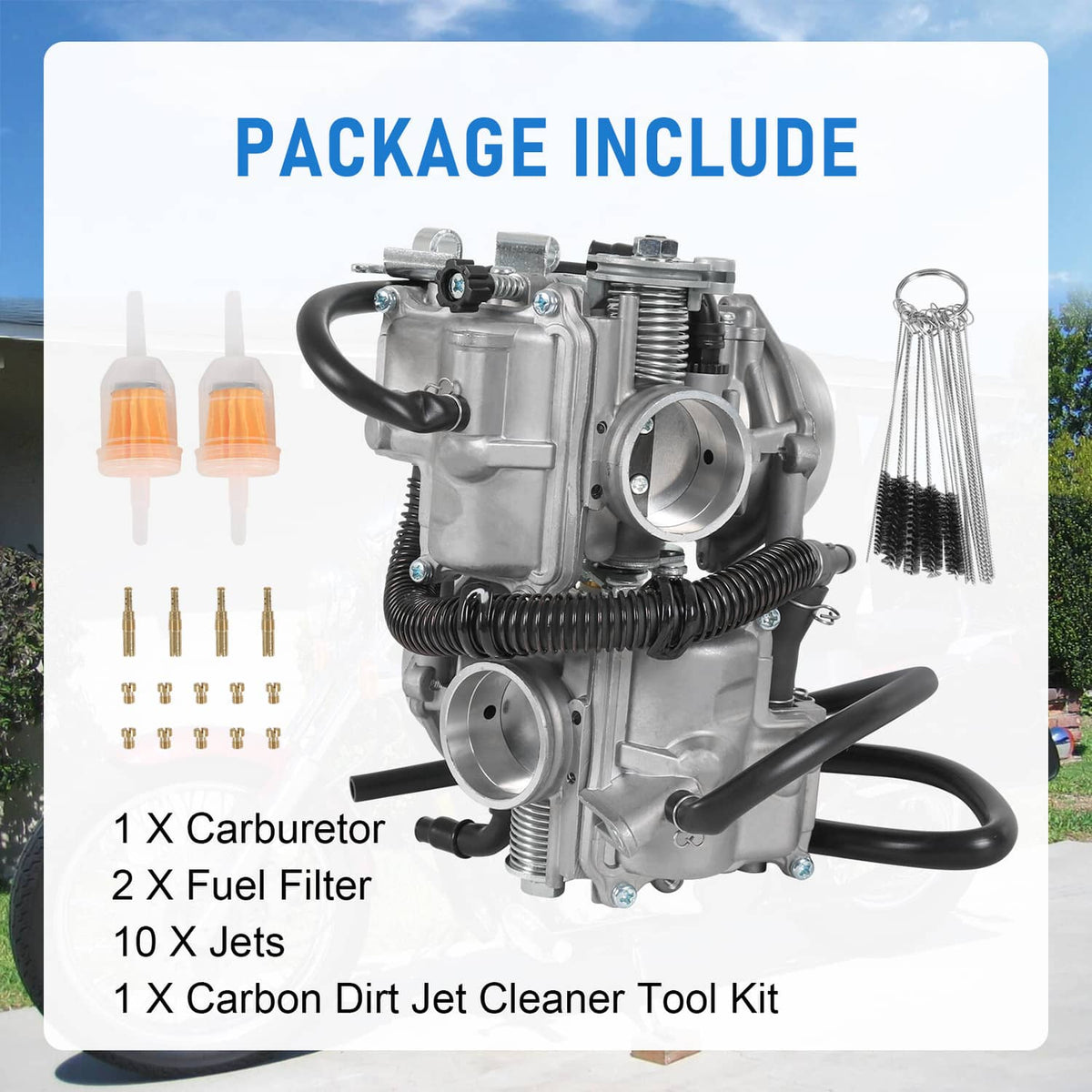 Carburetor kit with carburetor, two fuel filters, jets, and cleaning tool kit