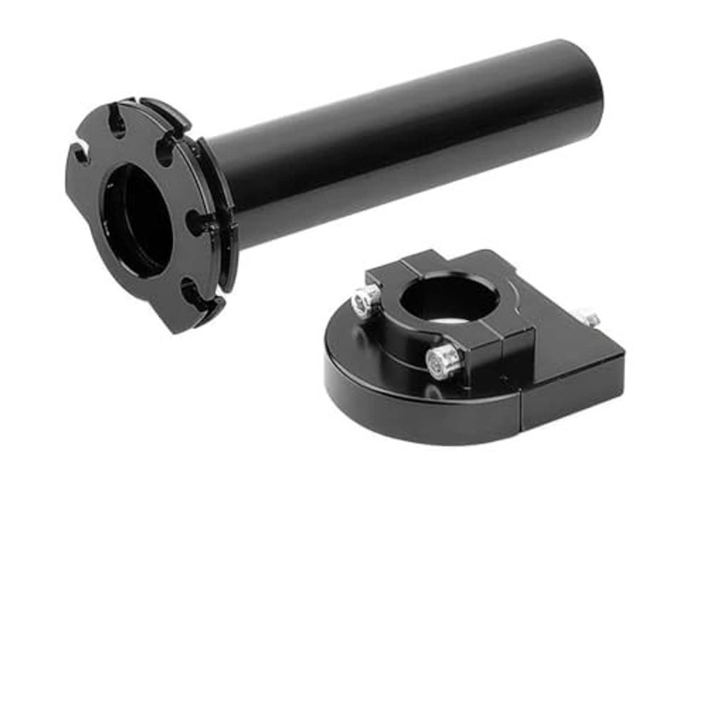 Black motorcycle quick-throttle handlebar grip with CNC mounting base and bolt hardware