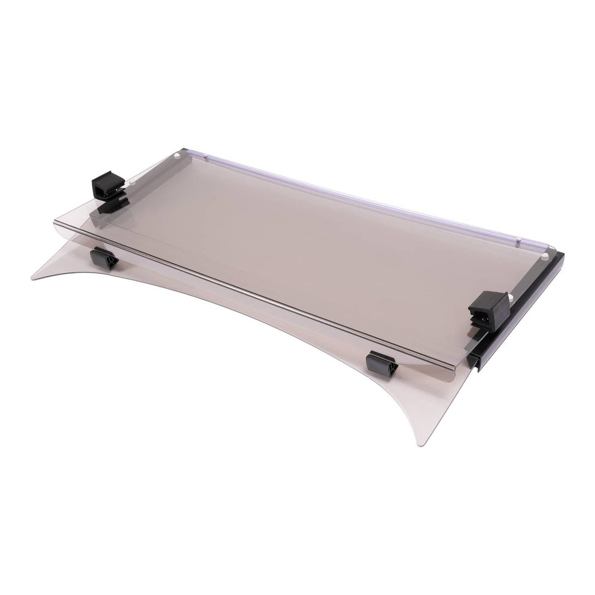 Tilted tinted golf cart windshield with black corner mounts and clear top panel
