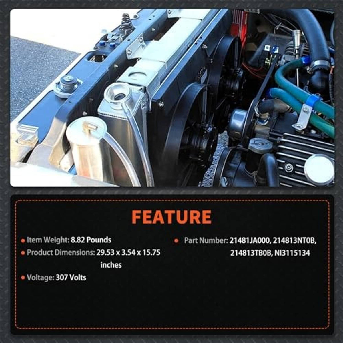 Automotive engine bay showing cooling-area components and fan mounting space