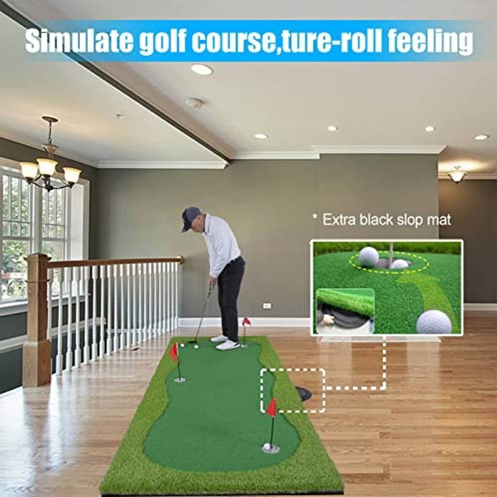 Green putting green mat for indoor practice with red flags and a cup hole