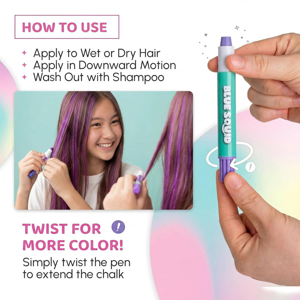 Hair chalk pen set showing how to use: twist pen and wash out with shampoo