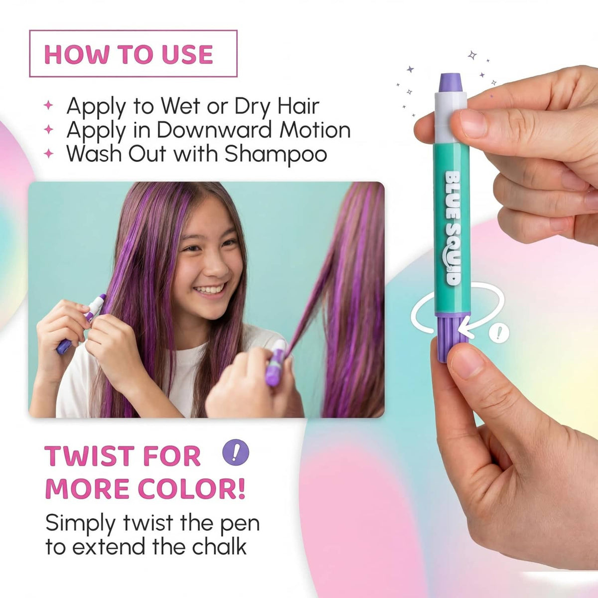Hair chalk pen set showing how to use: twist pen and wash out with shampoo