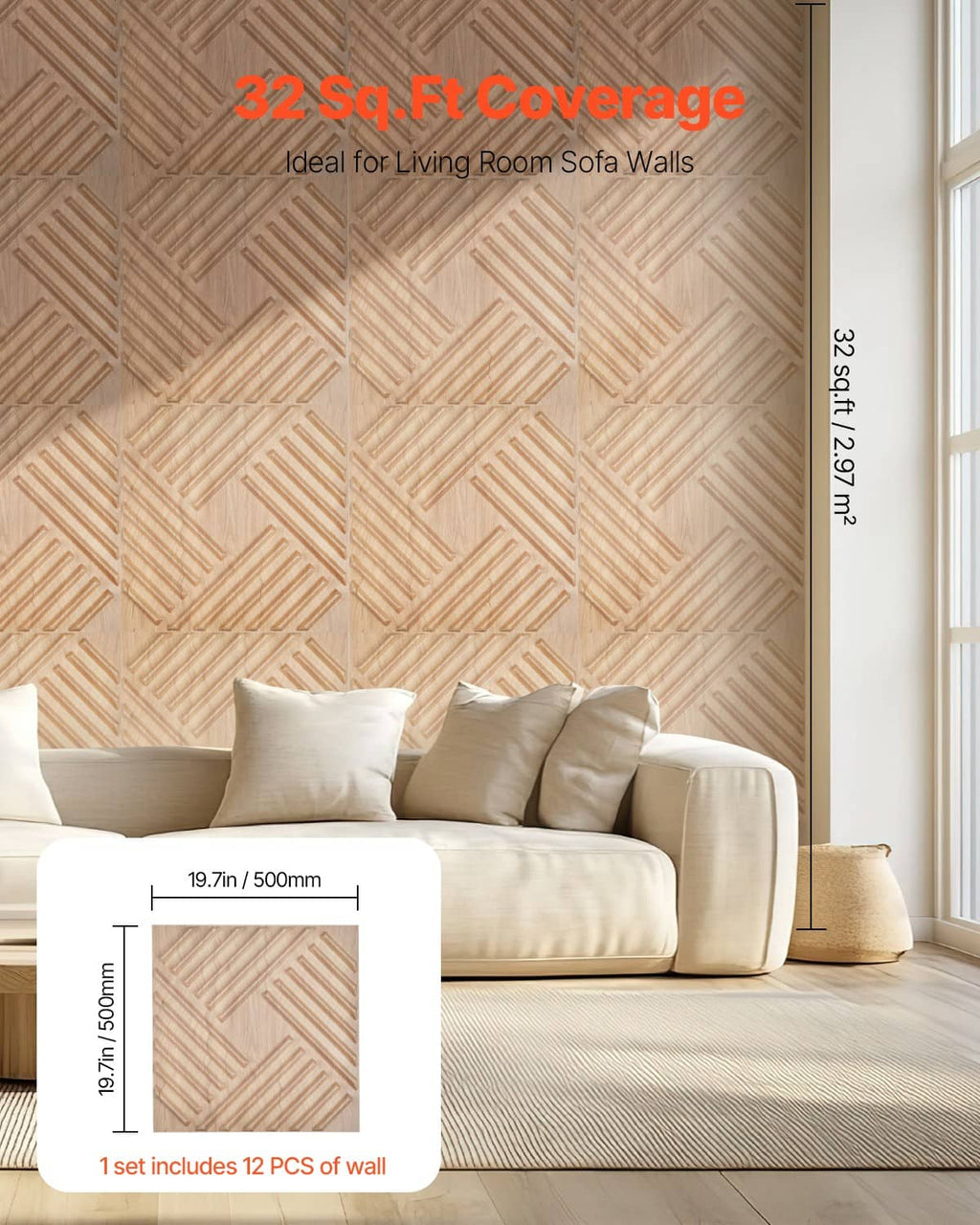 Light wood 3D slat wall panel with raised texture, shown with coverage sizing.