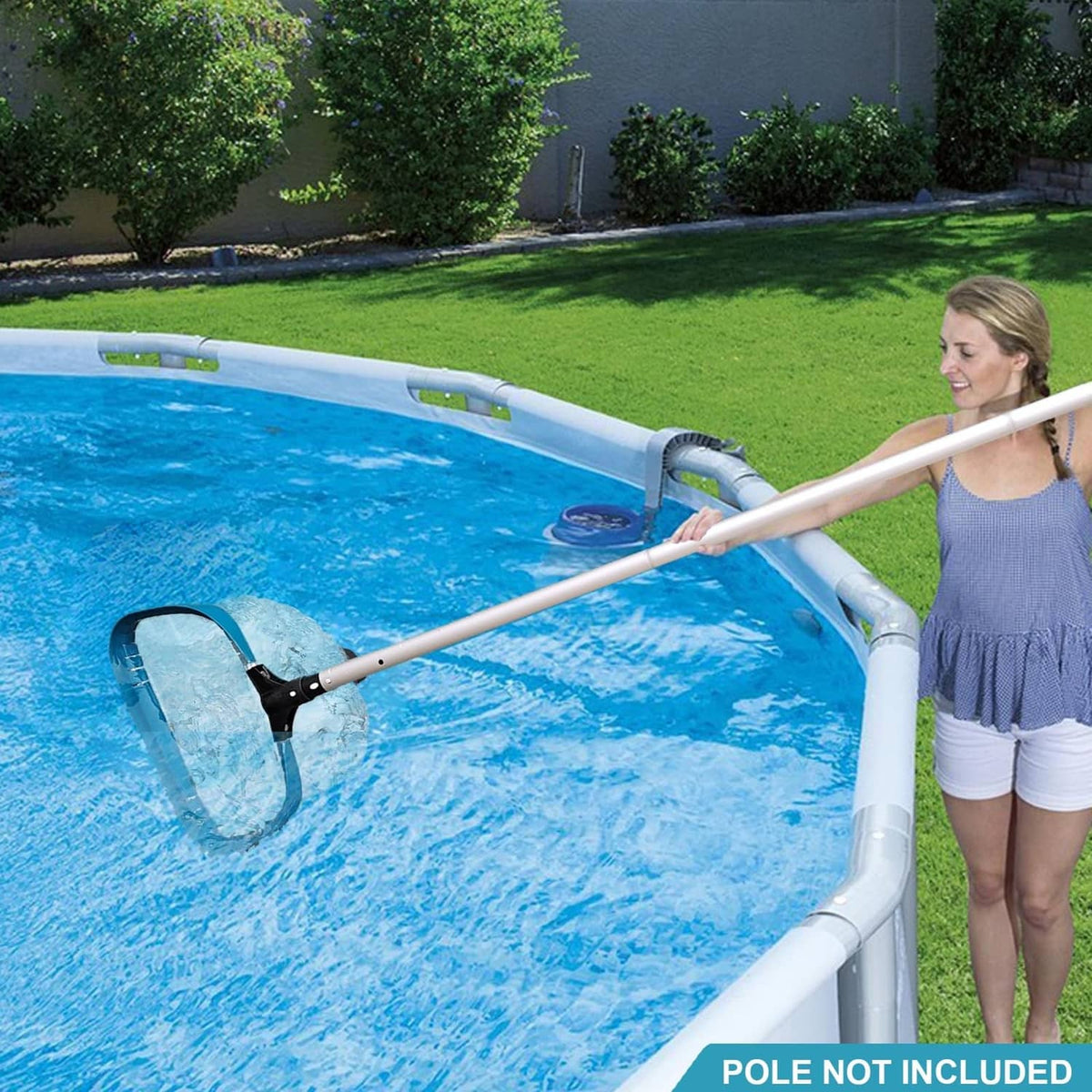 POOLWHALE pool skimmer net rake with teal frame and white pole, above-ground pool