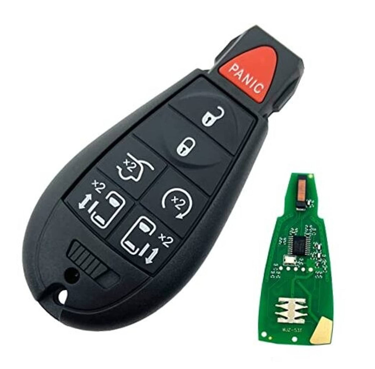 Black keyless remote car key fob with red PANIC button and six control buttons
