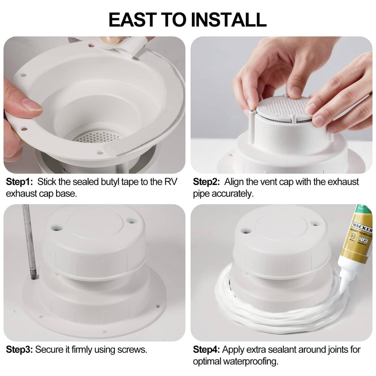 White RV vent pipe cover installation kit on roof flange, ready for screws