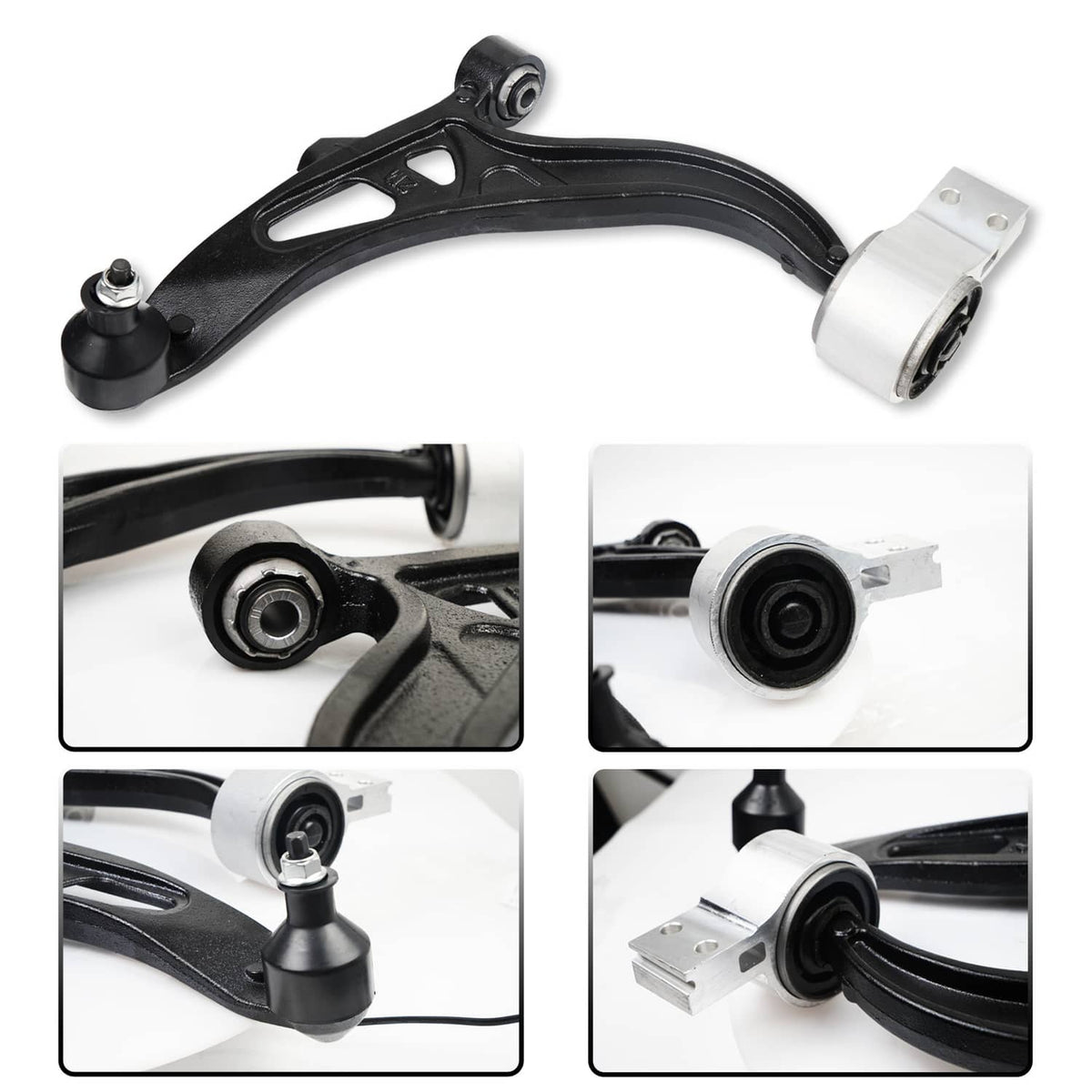 Front control arm assembly with ball joint and bushing, black arm and silver mounting bracket