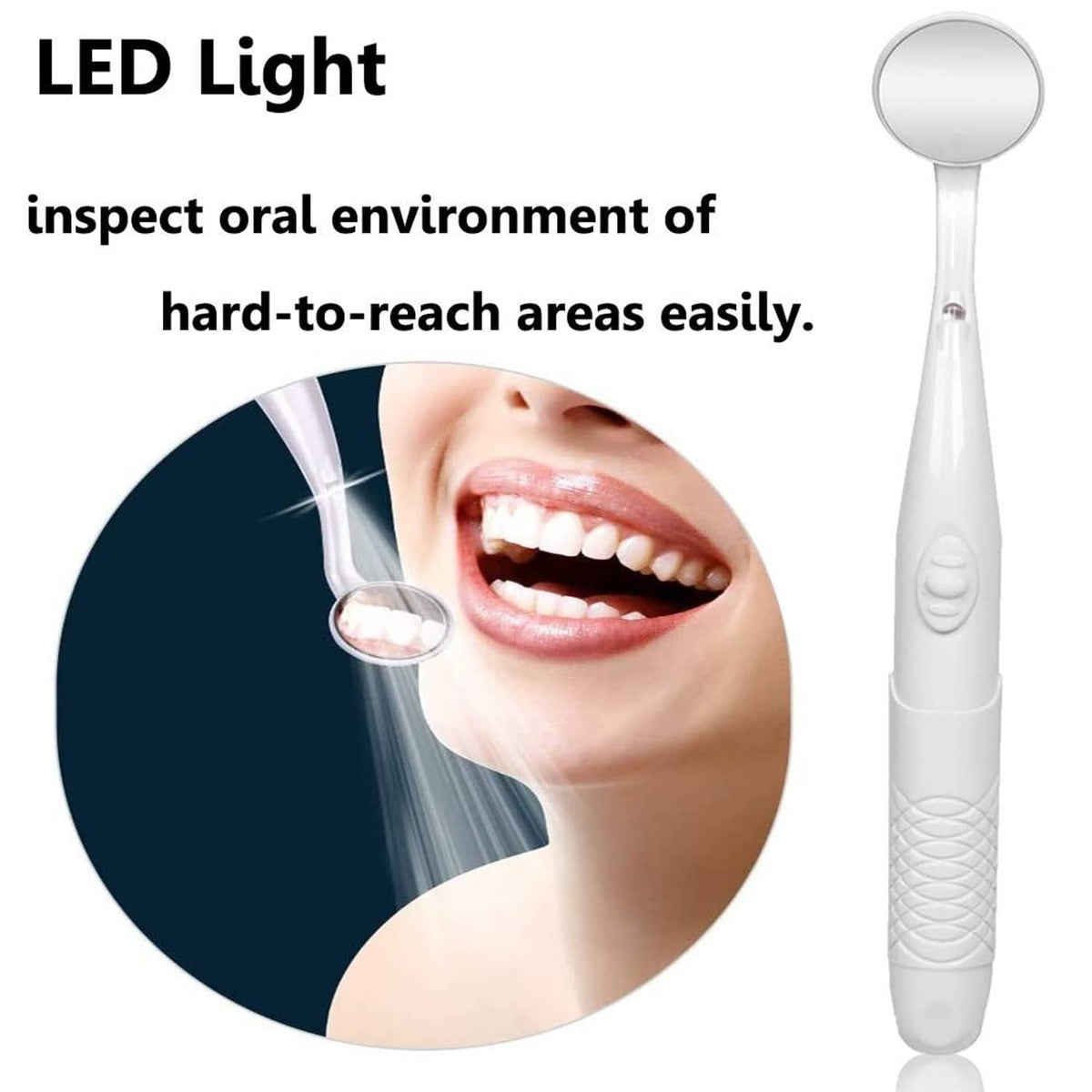 Handheld dental mirror with LED light, angled round mirror with illuminated inspection head