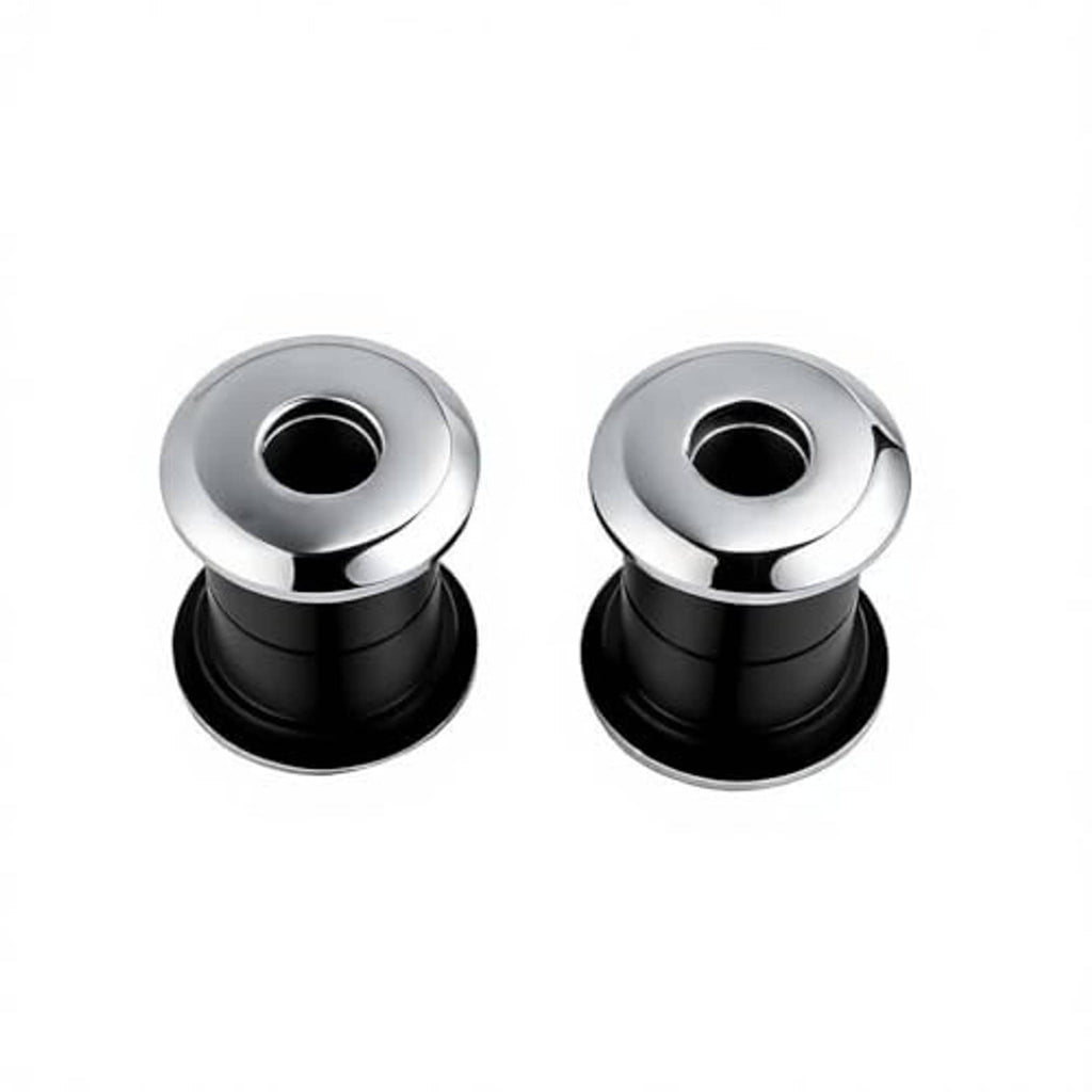 Motorcycle handlebar riser bushings: chrome top washers with black damper bushings.