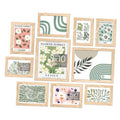 Set of 10 natural wood picture frames with floral prints, wall or tabletop display