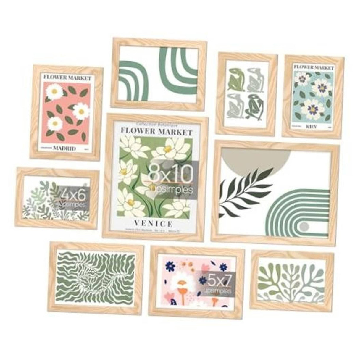 Set of 10 natural wood picture frames with floral prints, wall or tabletop display