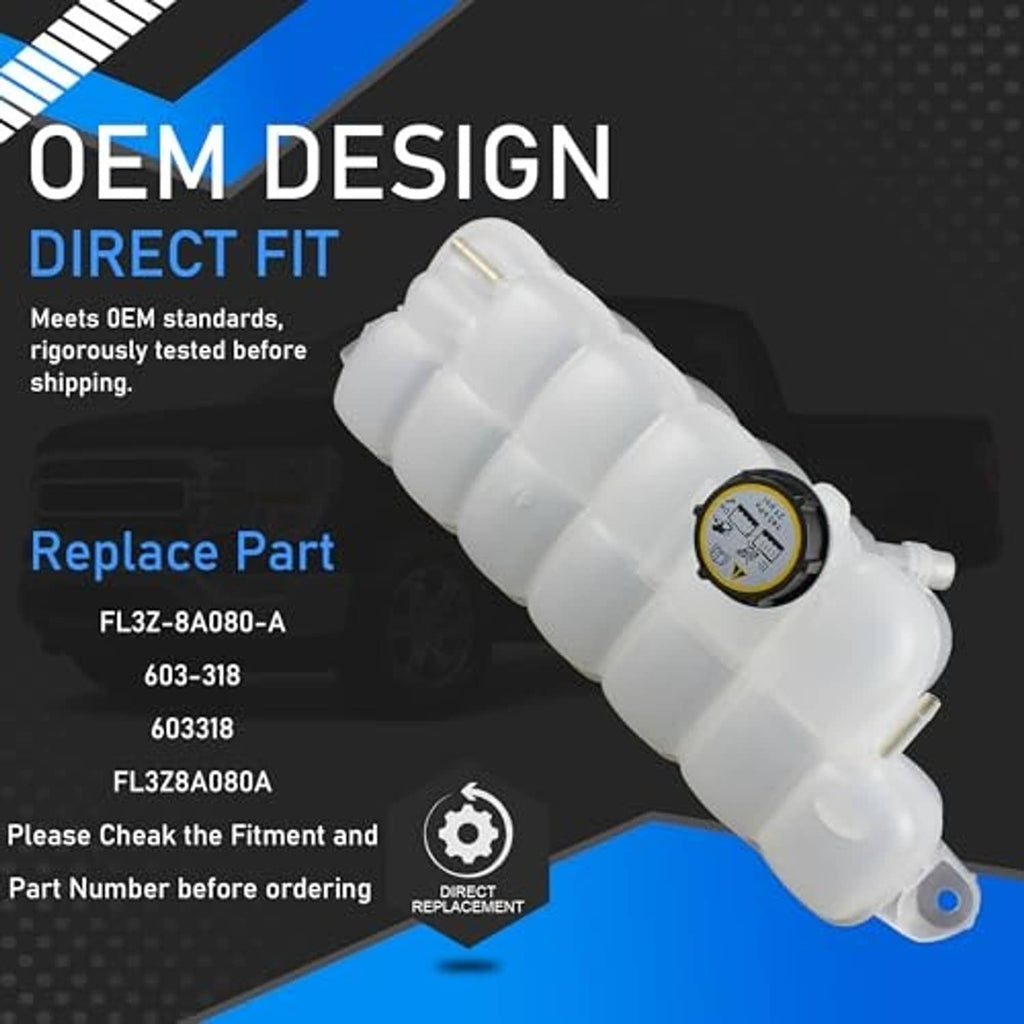White engine coolant overflow reservoir tank with black cap and side mounting points