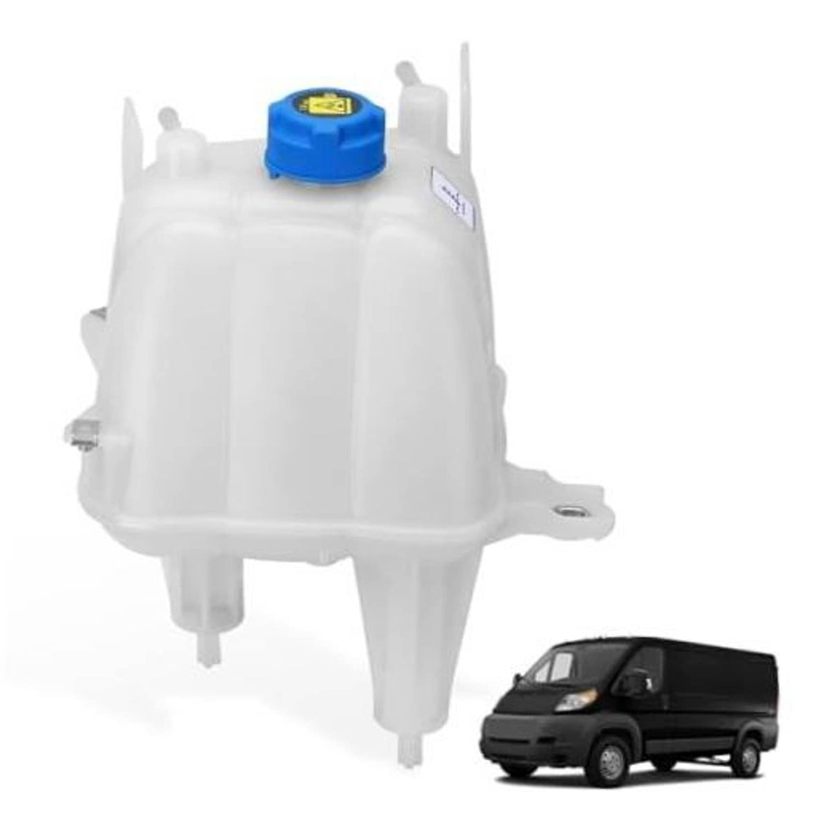Engine coolant reservoir, white tank with blue cap and side mounting bracket