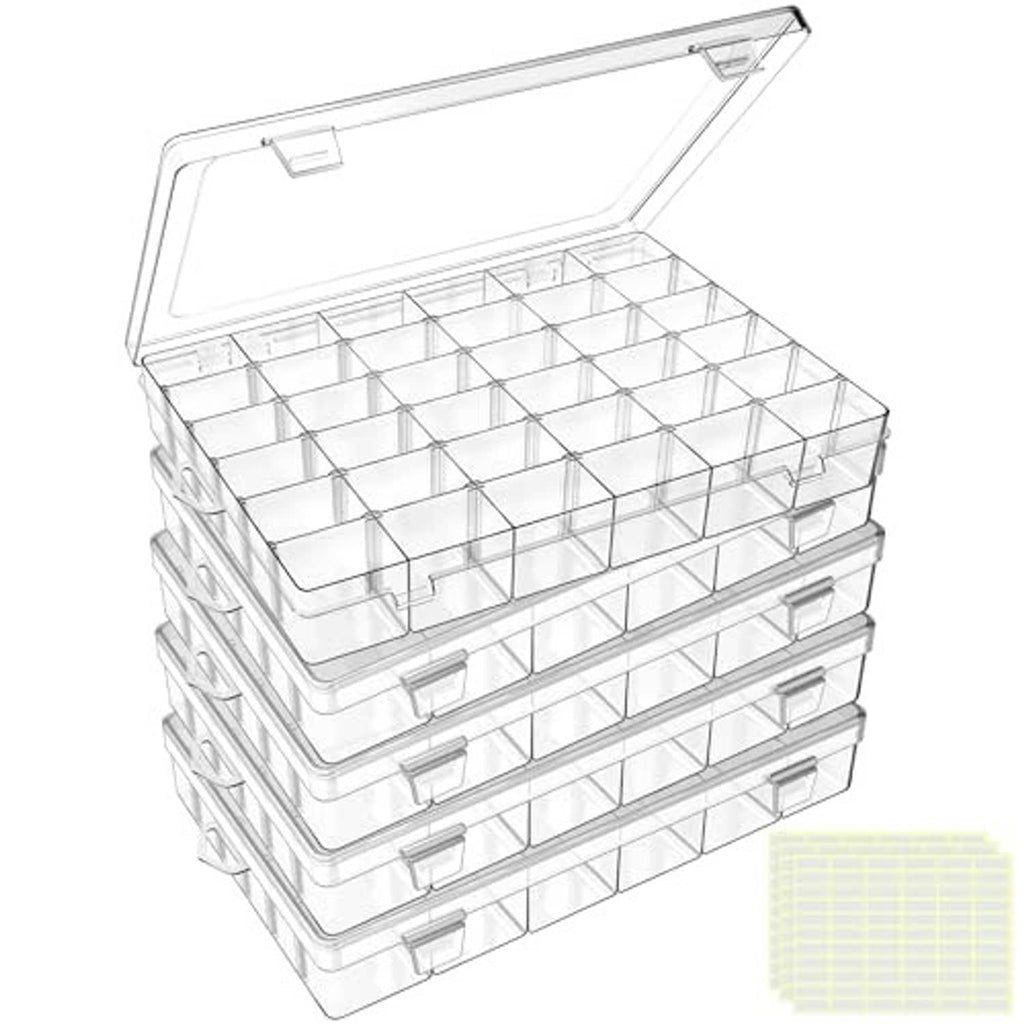 Open clear plastic organizer case with hinged lid and layered removable compartment grids