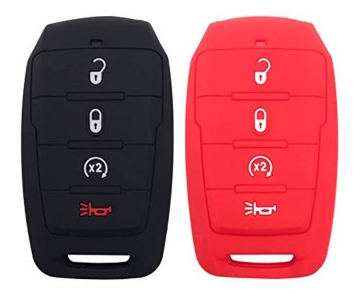 Black and red silicone key fob cover cases with 4-button layout and key/lock icons