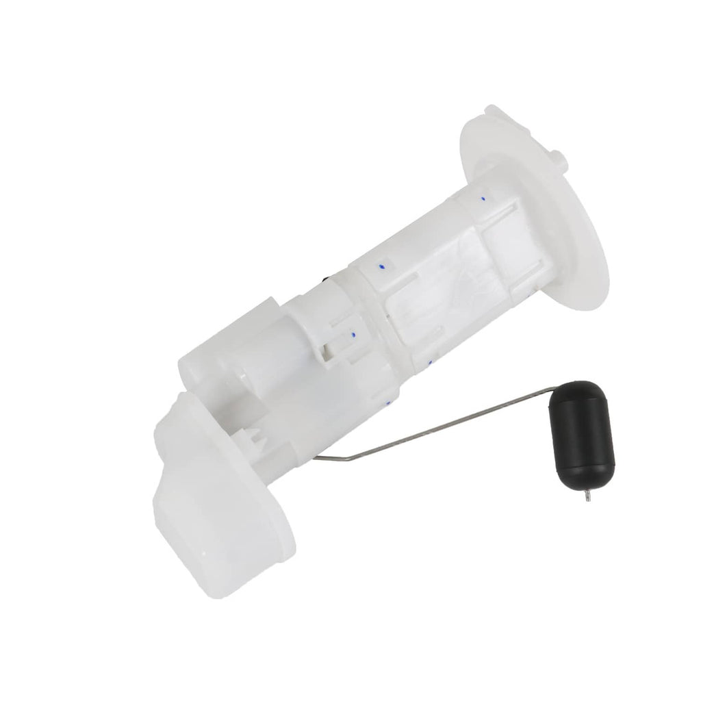 Fuel pump assembly with white housing and black float sensor, side view with rod