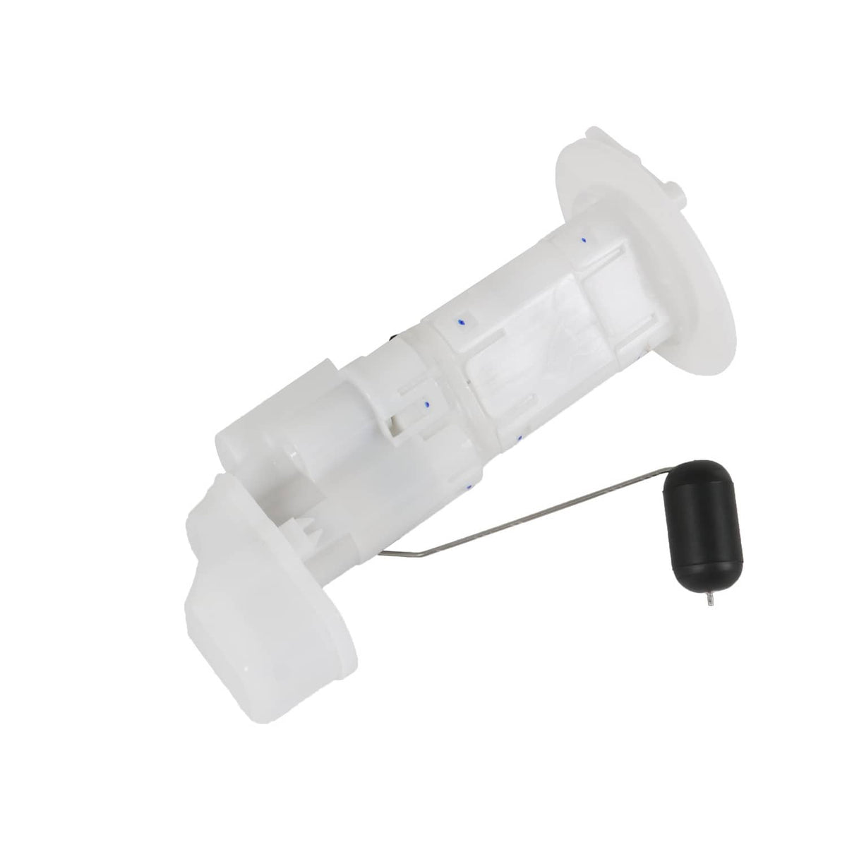 Fuel pump assembly with white housing and black float sensor, side view with rod