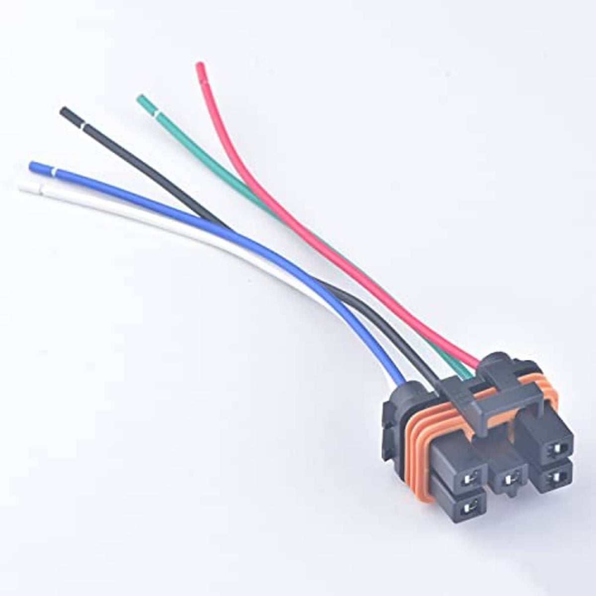 5-pin female waterproof wiring harness plug with orange housing and multicolor cable leads