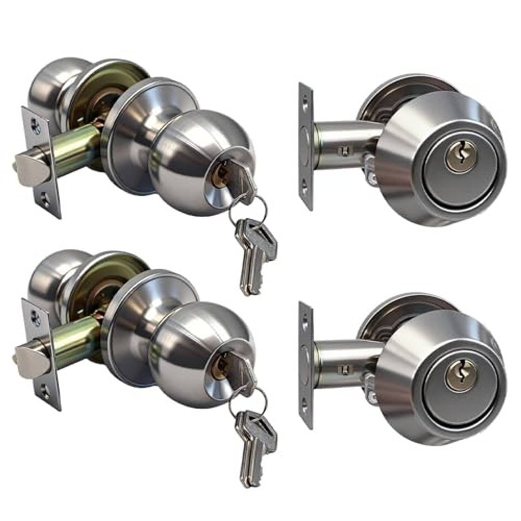 Two silver round door knobs with single-cylinder deadbolt, keyed alike set