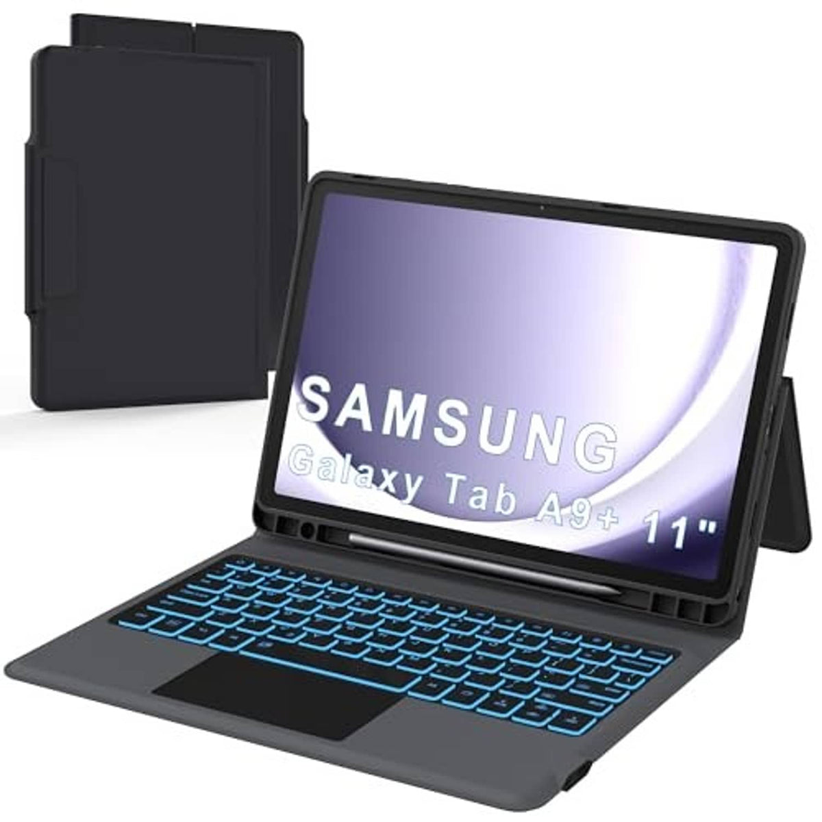 Black folio tablet keyboard case with stand, tablet screen tilted toward you