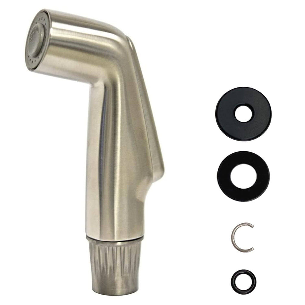 Brushed nickel kitchen sink side spray head with curved nozzle and spray holes