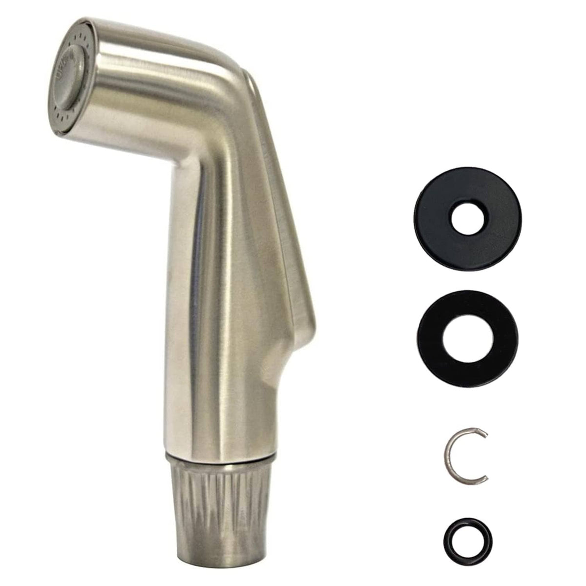 Brushed nickel kitchen sink side spray head with curved nozzle and spray holes