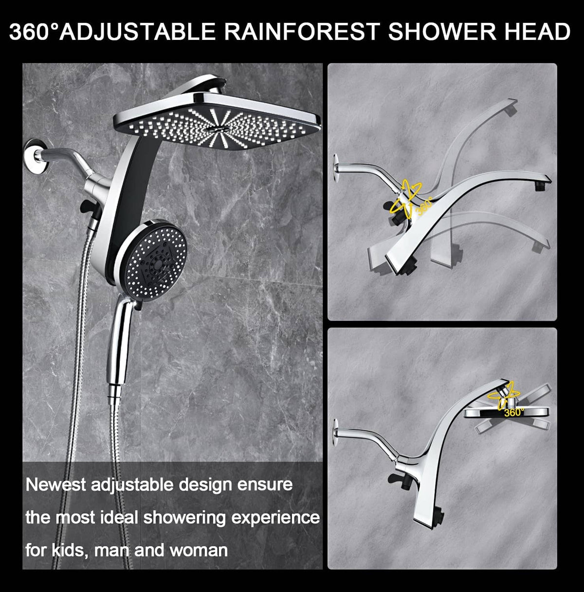 360° adjustable rain shower head with handheld sprayer, chrome finish and round nozzle faces