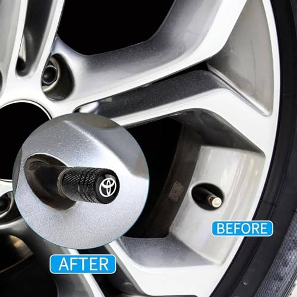 Black textured valve stem cap installed on wheel rim with Toyota emblem