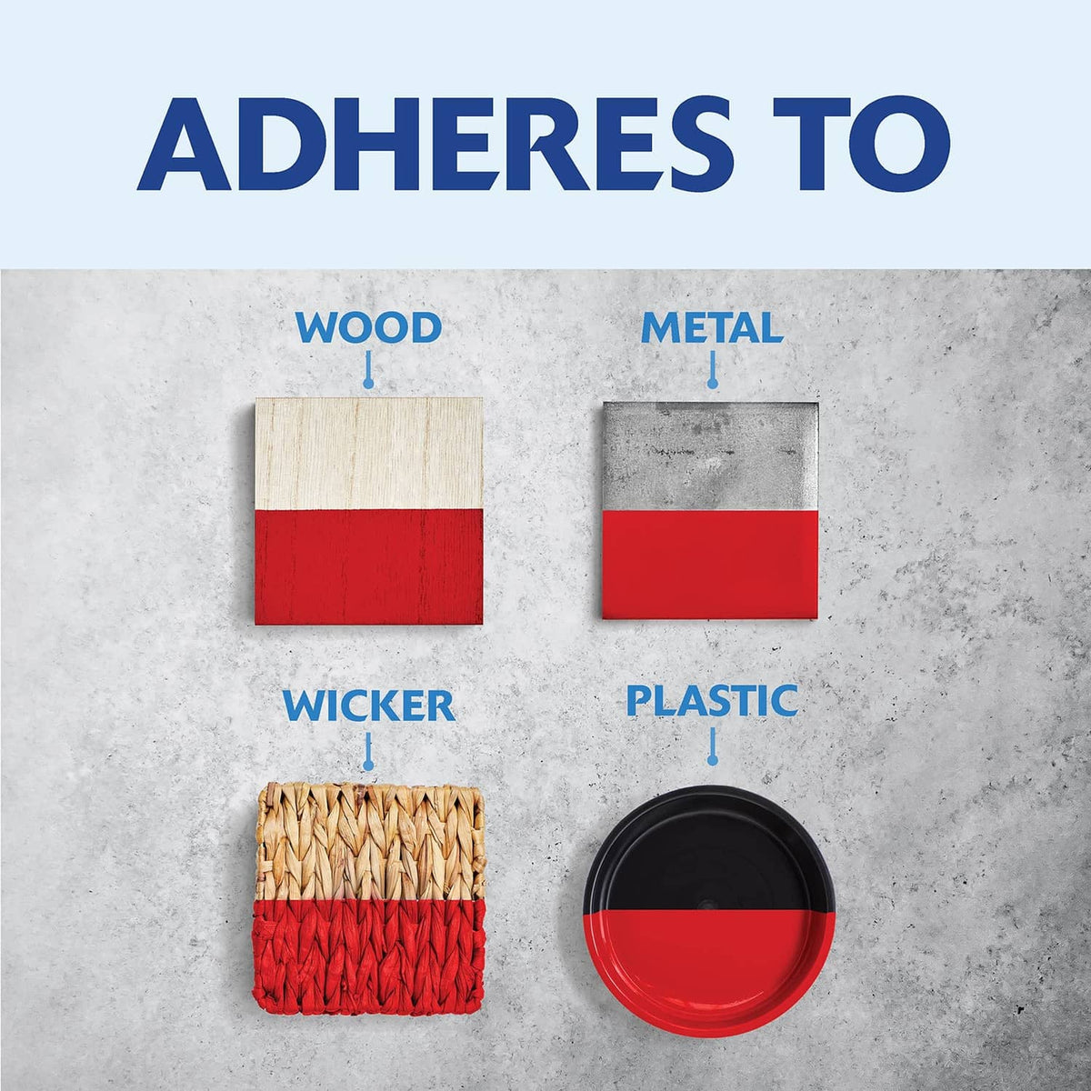Surface adhesion samples with red coating on wood, metal, wicker, and plastic.