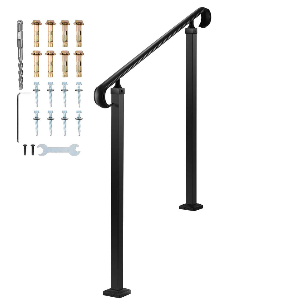Outdoor stair handrail kit with black rail, two posts, and included mounting hardware