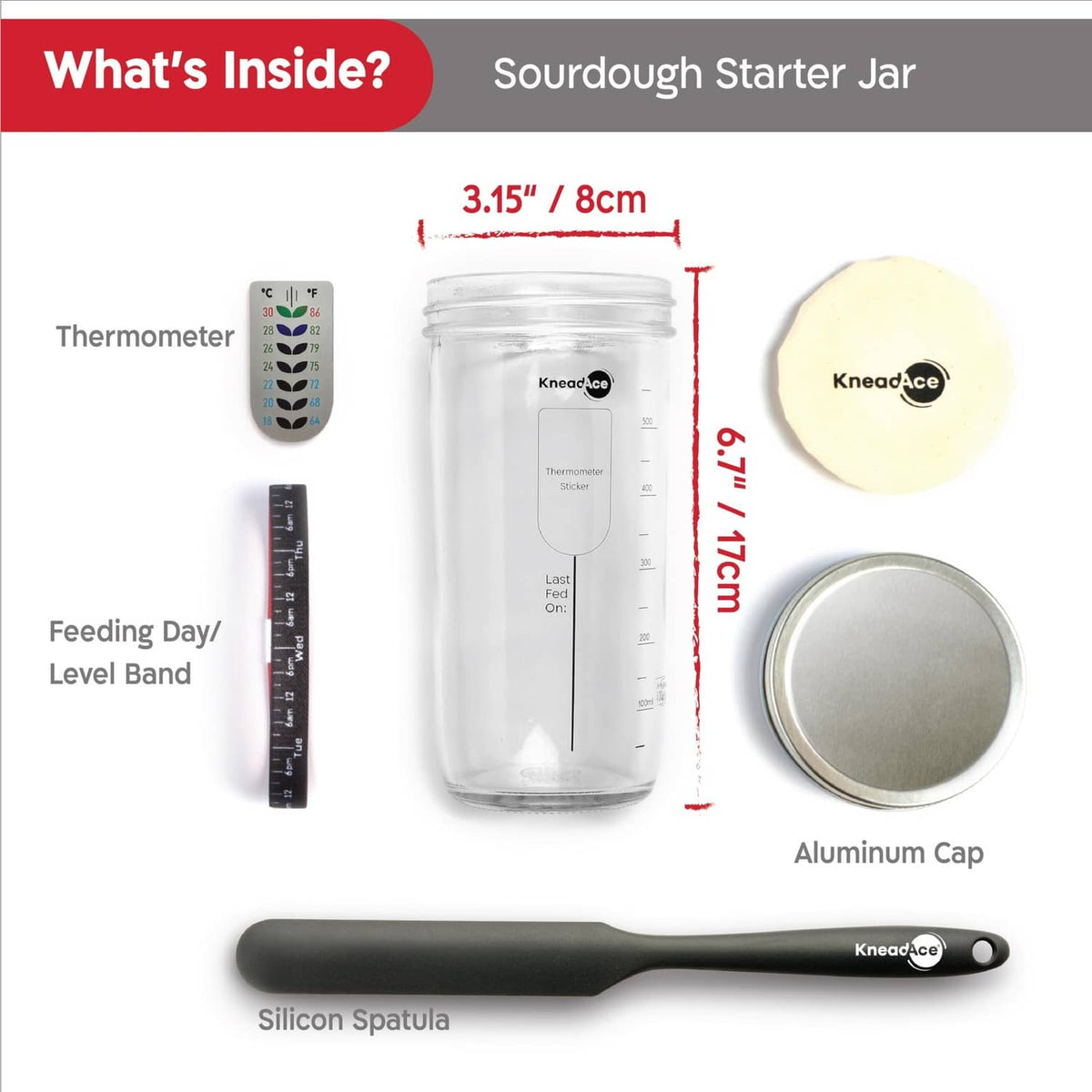 Sourdough starter kit with starter jar, aluminum cap, thermometer, and silicone spatula