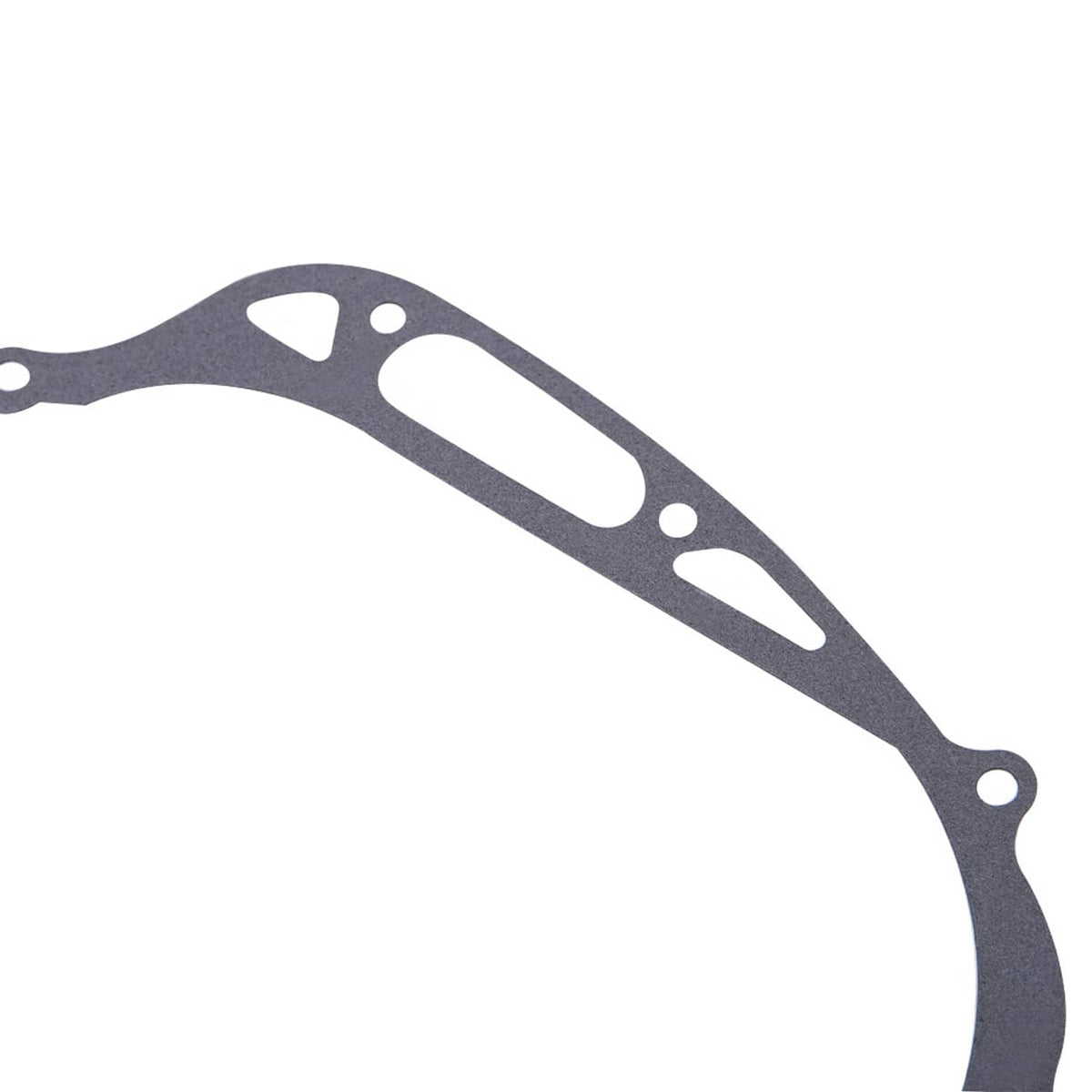 Close-up of dark gray gasket edge with elongated slot and mounting holes