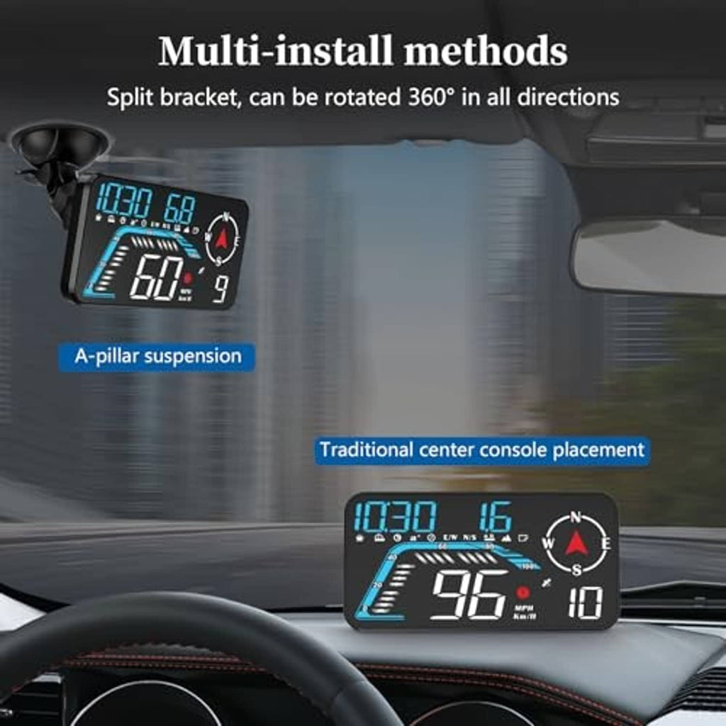 Car HUD with suction mount and split bracket, rotatable setup, blue compass display