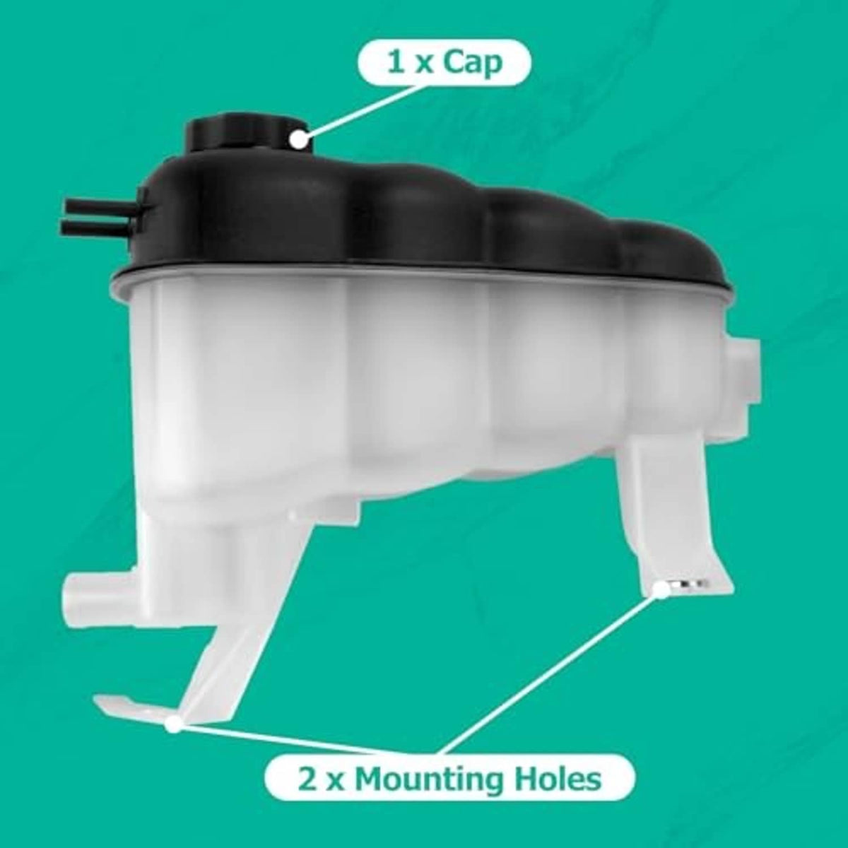 Coolant expansion reservoir tank with black cap and two mounting holes