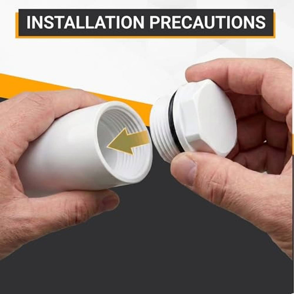 White PVC male threaded plug end cap with black gasket, ready to install