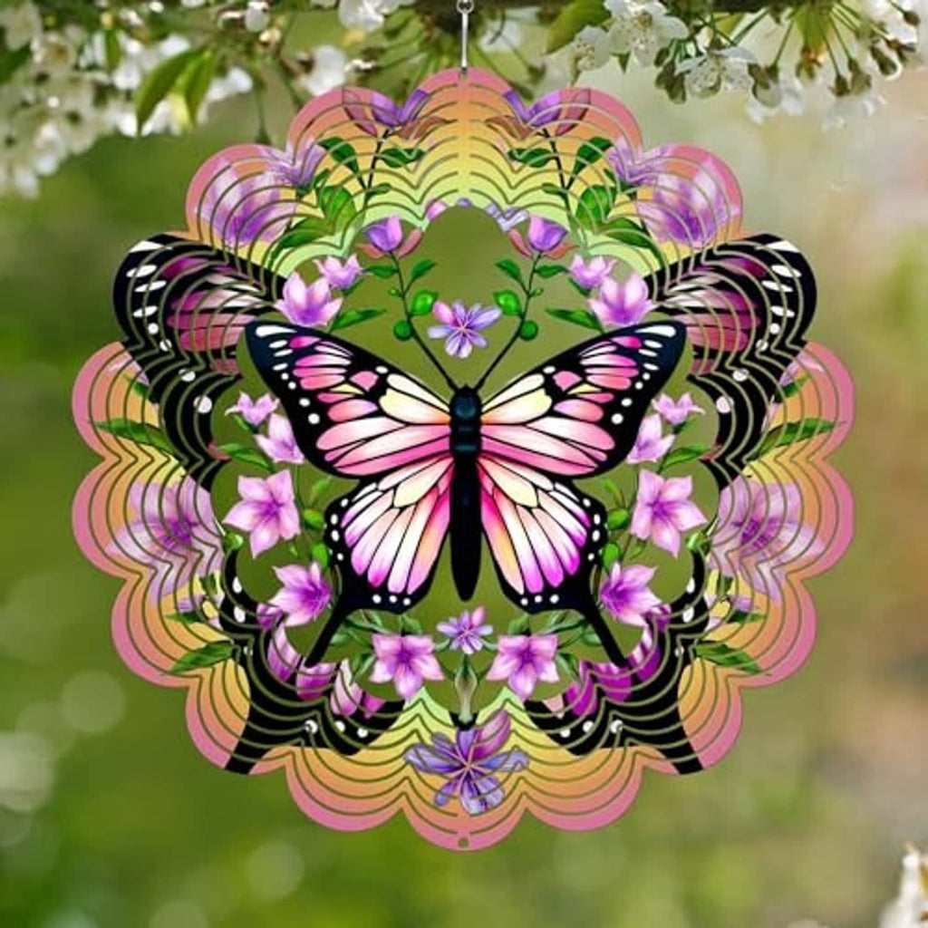 Hanging butterfly wind spinner with multicolor floral details, black wings, layered circular rings.