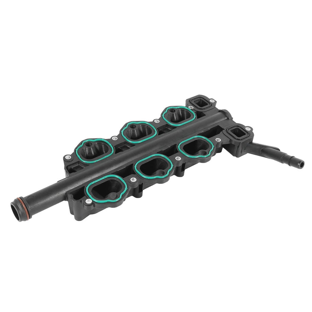 Black lower intake manifold with blue-ring gasket openings and side pipe outlet